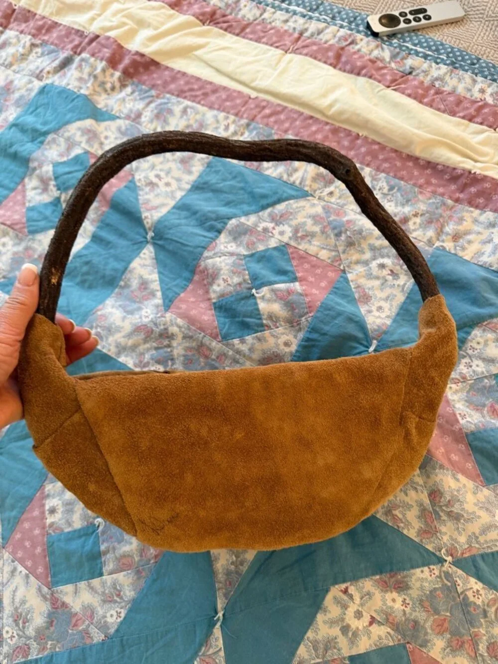 Vintage Handmade Bent Wood Suede Covered Wall Basket Brown Hobo Artist Signed